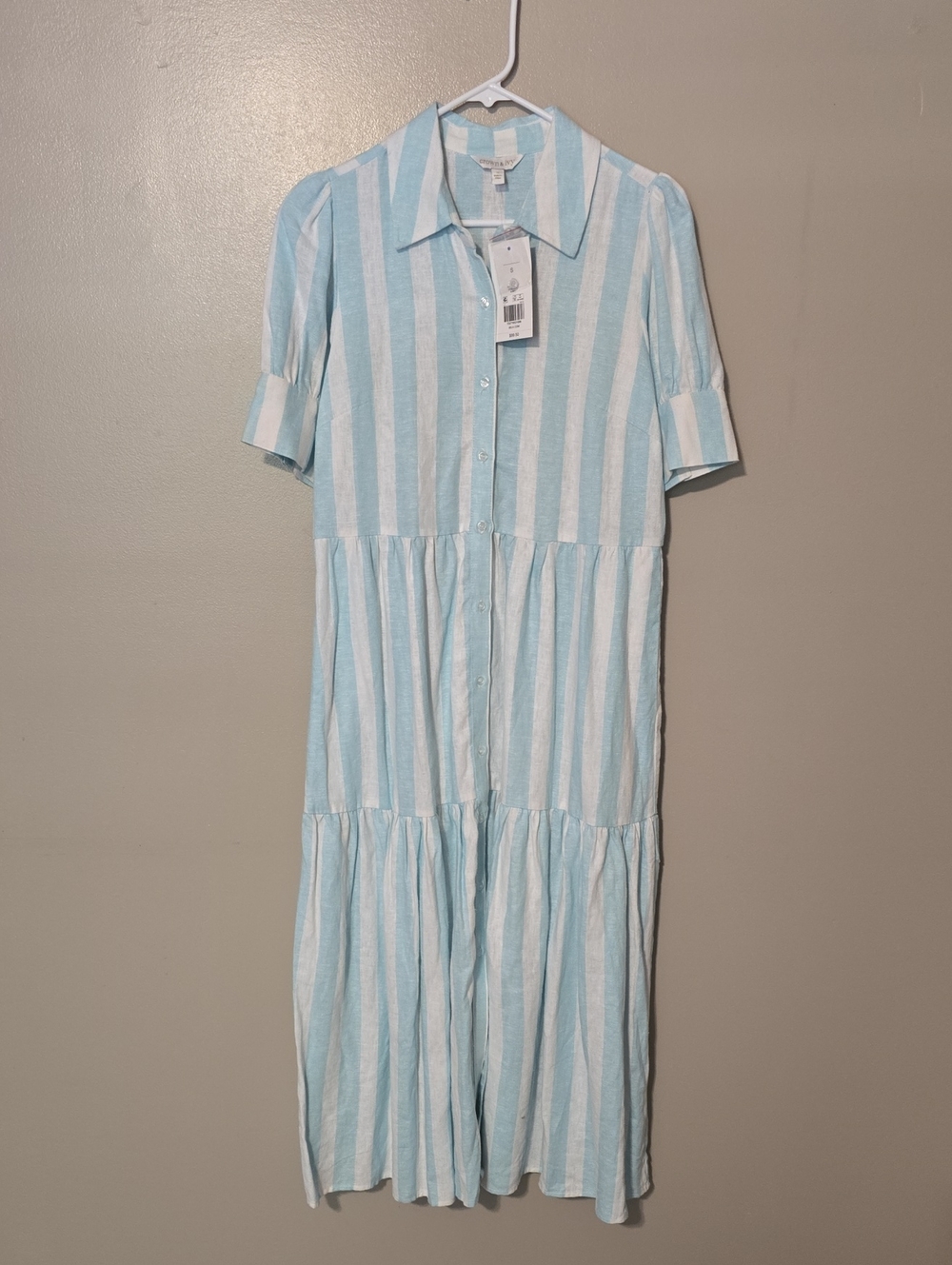 Crown & Ivy Light Blue and White Striped Button-Front Tiered Maxi Shirt Dress S